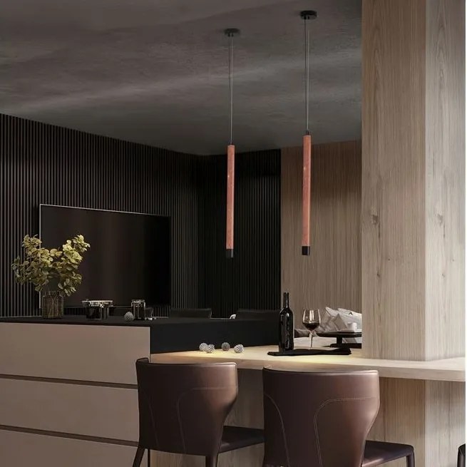 Lustra, Pendul tubular din travertin Muse metal negru