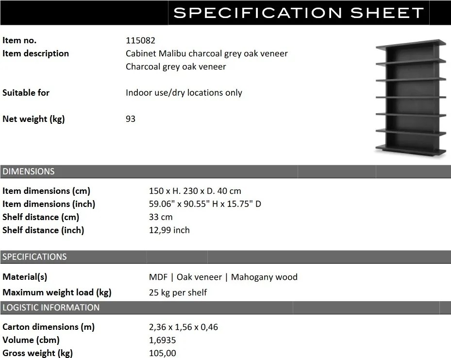 Biblioteca moderna design LUX Malibu furnir gri carbune