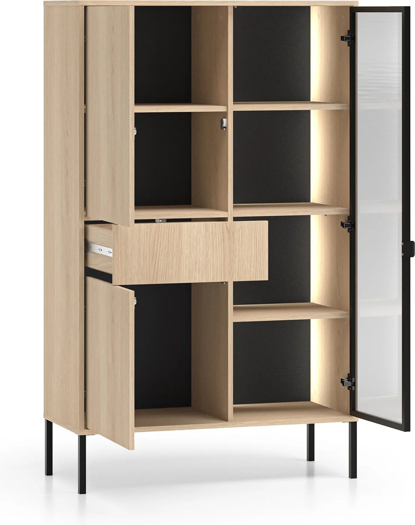 Vitrină înaltă cu sertar și iluminare Harmona 92 cm - stejar lindberg