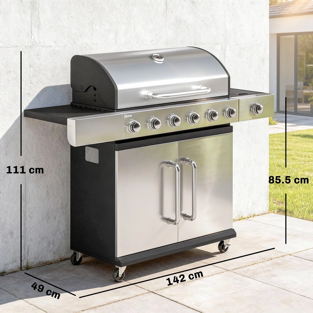 Outsunny Grătar pe Gaz, 6 Arzătoare, Arzător Lateral, Grilaj din Fontă, Dulap Inclus | Aosom Romania
