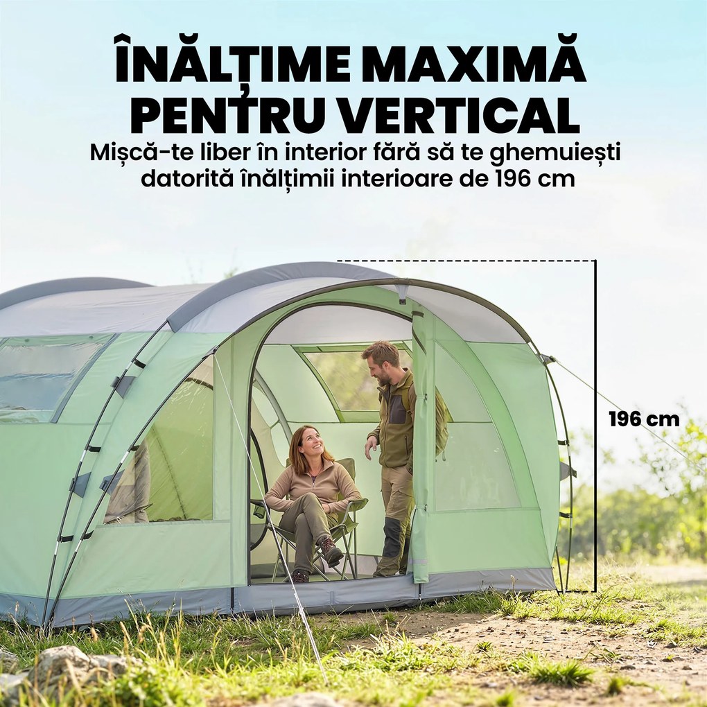 Outsunny Cort Mare Multi-Cameră pentru 2-4 Persoane, cu Ferestre și Verandă, Verde | Aosom Romania