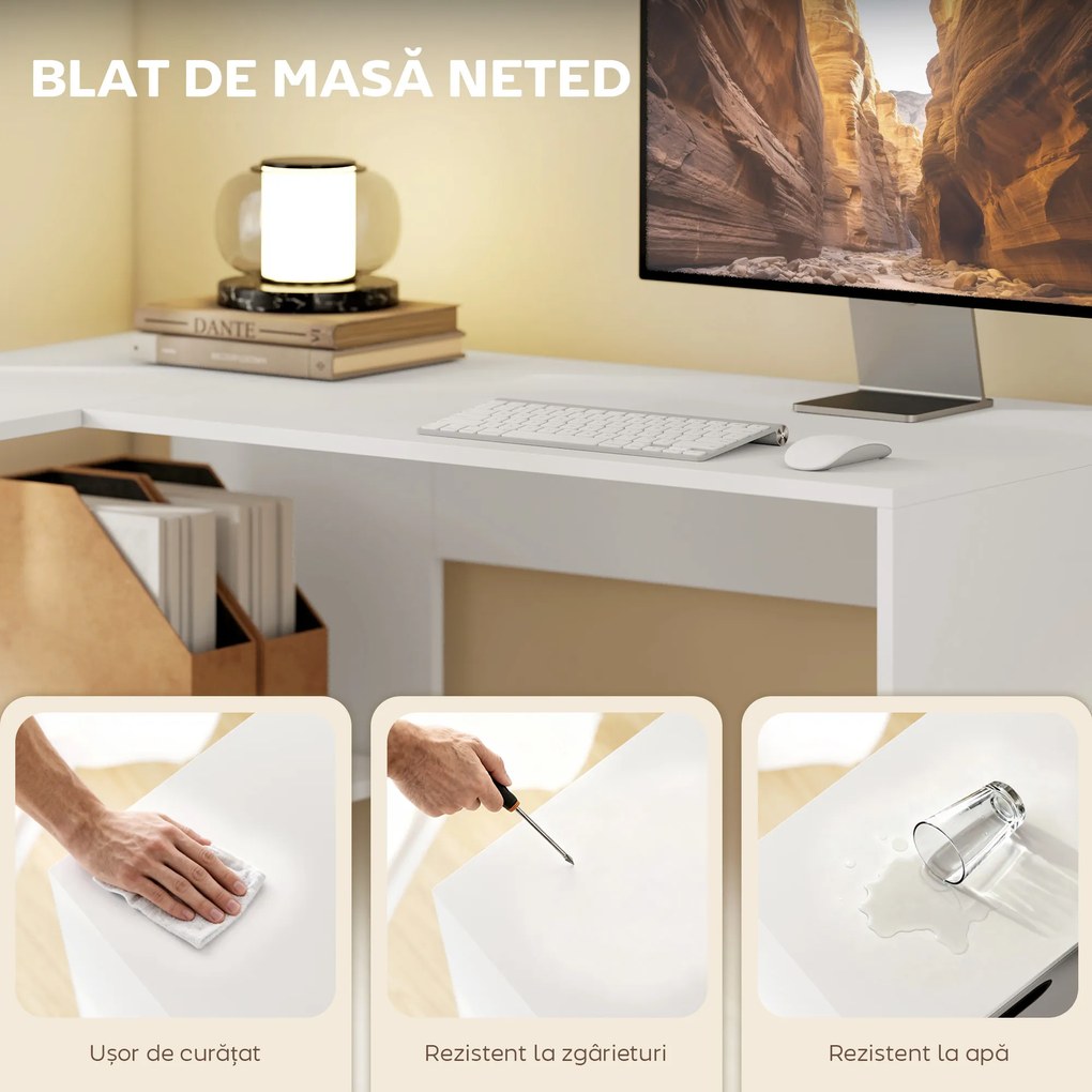 HOMCOM Birou Colțar pentru Computer, 110x100 cm, Birou în Formă de L cu Raft și Sertar din Material Textil, Masă pentru PC pentru Dormitor, Birou și Studio, Alb | Aosom Romania