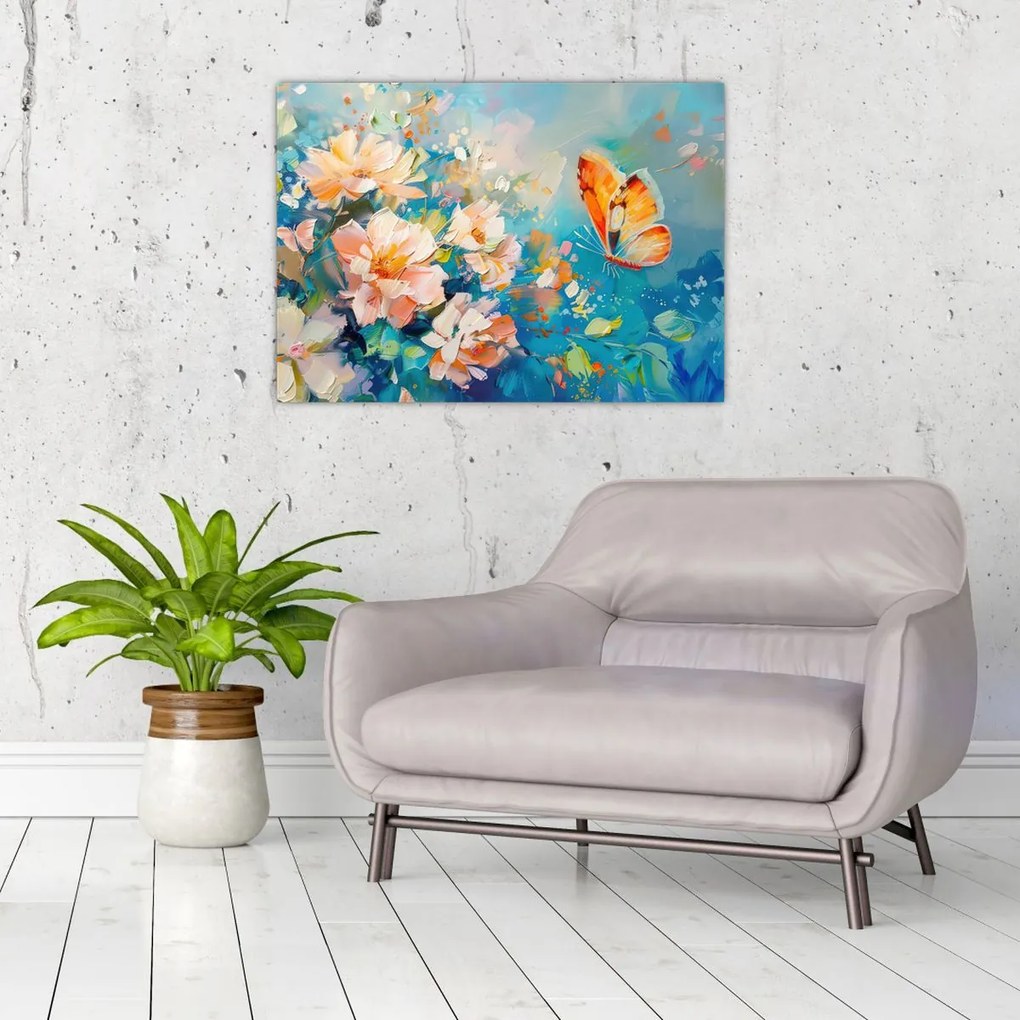 Tablou pe sticlă - Fluture și flori, pictură în ulei II. (70x50 cm)
