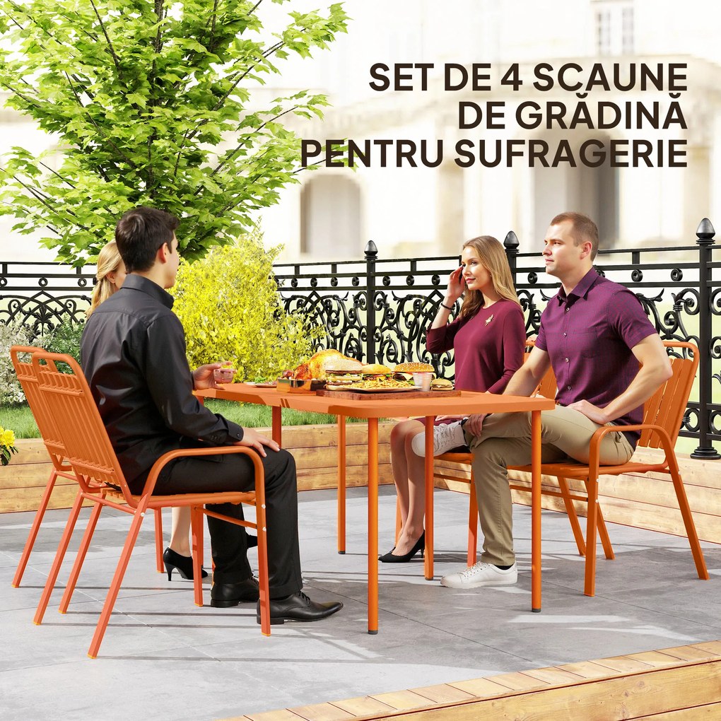 Outsunny Set de 4 Scaune de Grădină Stivuibile cu Spătar Înalt și Brațe, 56x66x91 cm, Maro Închis | Aosom Romania