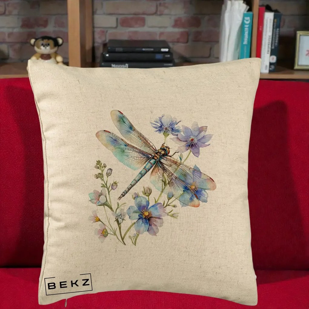 Perna Decorativa Libelula Acuarela Flori Albastre, 40x40 cm, Bej, Husa Detasabila, Perna Inclusa, BEKZ®