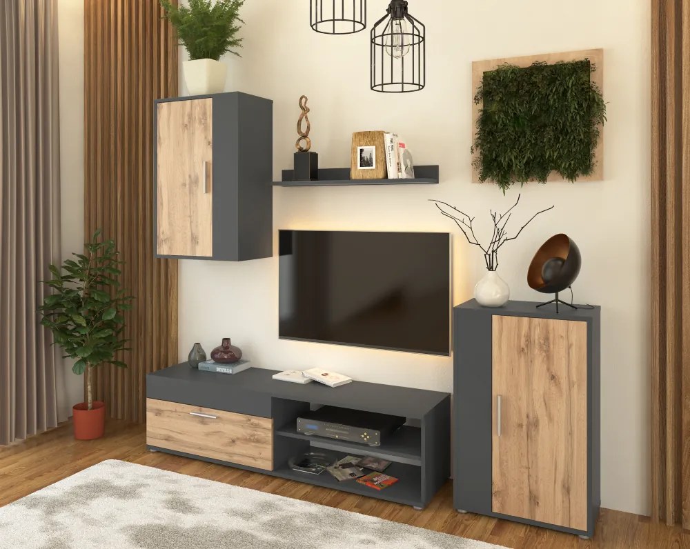Perete living, grafit/stejar wotan, KEVIN