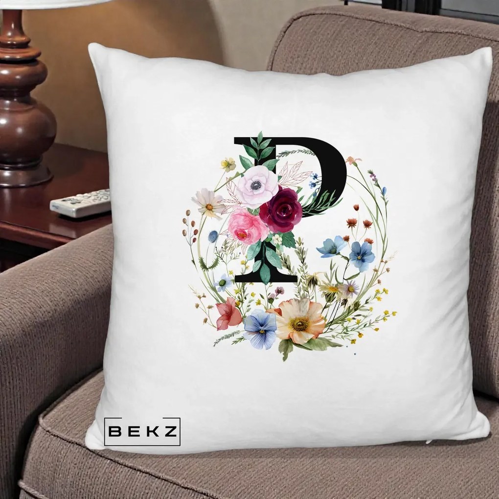 Cadou Personalizat - Perna Personalizata Monogram Litera P cu Flori Acuarela, 40x40 cm, Alb Pufos, Husa Detasabila, Perna Inclusa, BEKZ®