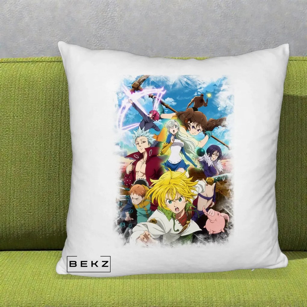 Perna Personalizata Nanatsu no Taizai Cele Sapte Pacate Mortale Anime, 40x40 cm, Alb Pufos, Husa Detasabila, Perna Inclusa, BEKZ®