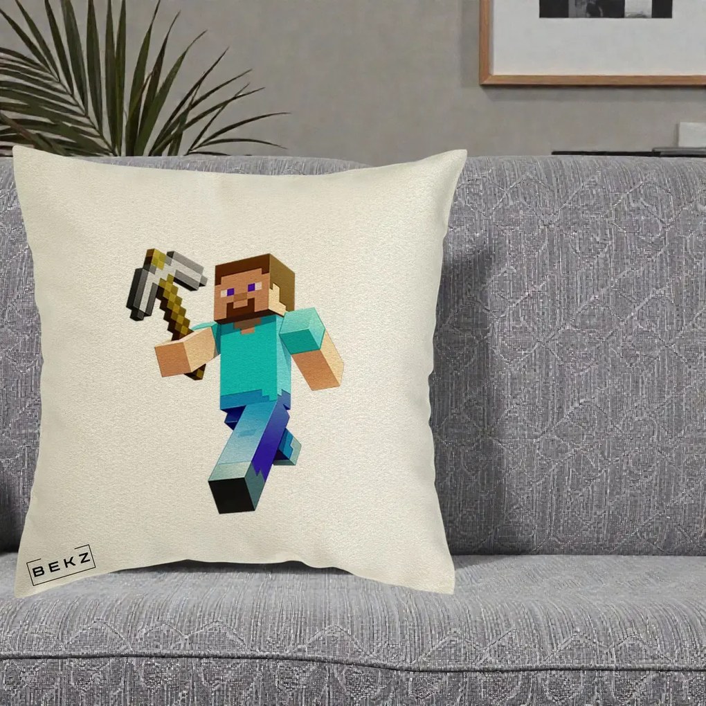 Perna Personalizata Minecraft Steve cu Tarnacop, 40x40 cm, Ecru, Husa Detasabila, Perna Inclusa, BEKZ®