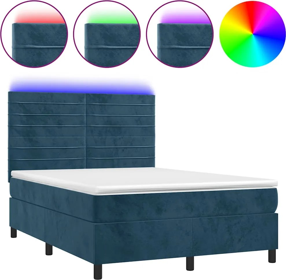 vidaXL Pat cu arcuri, saltea și LED, bleumarin, 140x190 cm, catifea