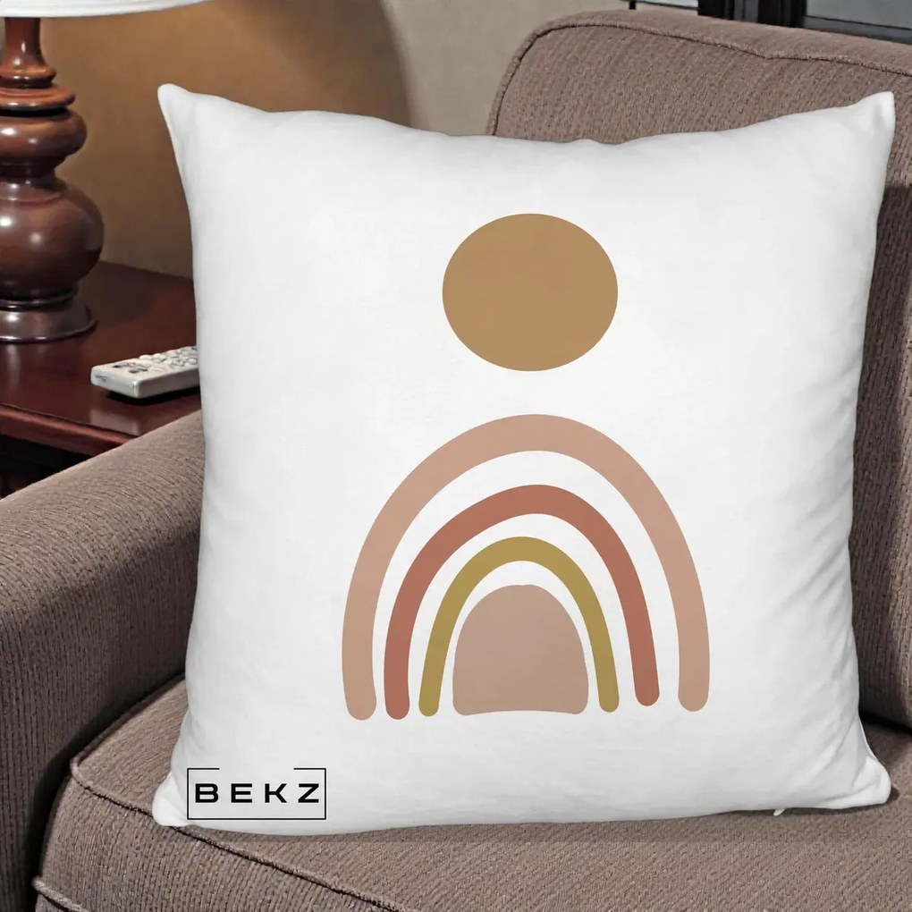Perna Decorativa Boho Rainbow Sun, 40x40 cm, Alb Pufos, Husa Detasabila, Perna Inclusa, BEKZ®