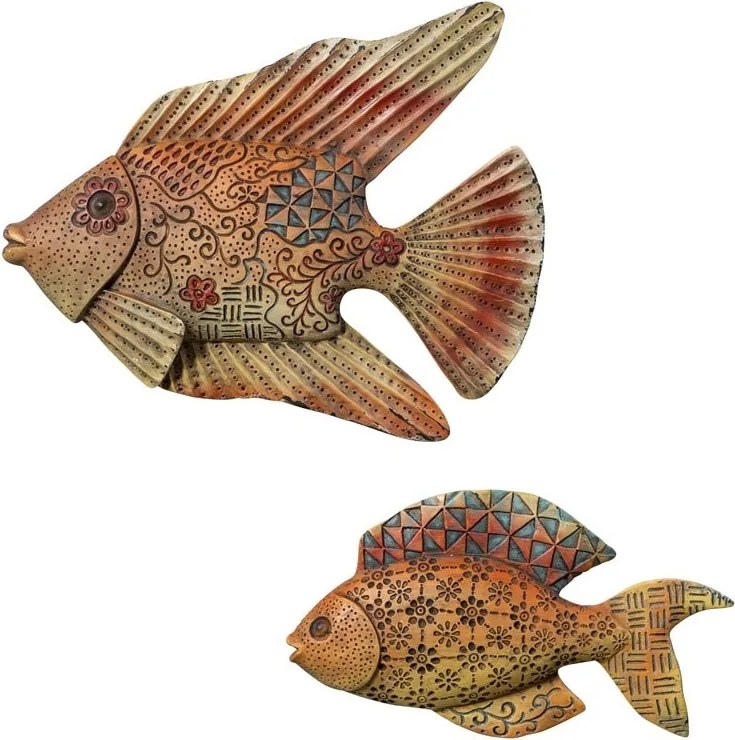 Set 2 decorațiuni de perete pește din rășină, design tribal, H25,5 cm