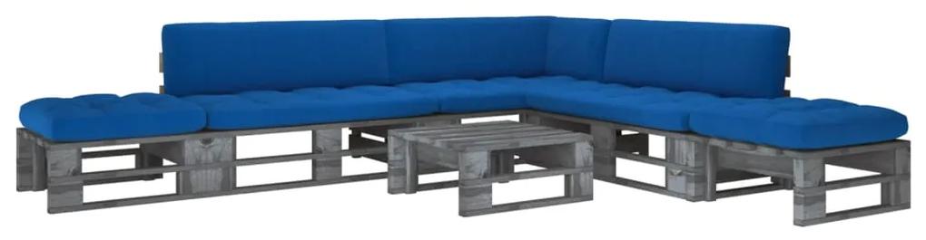 Set mobilier din paleti cu perne, 6 piese, lemn pin gri tratat Albastru regal, colt + 2x mijloc + 2x suport pentru picioare + masa, Gri, 1