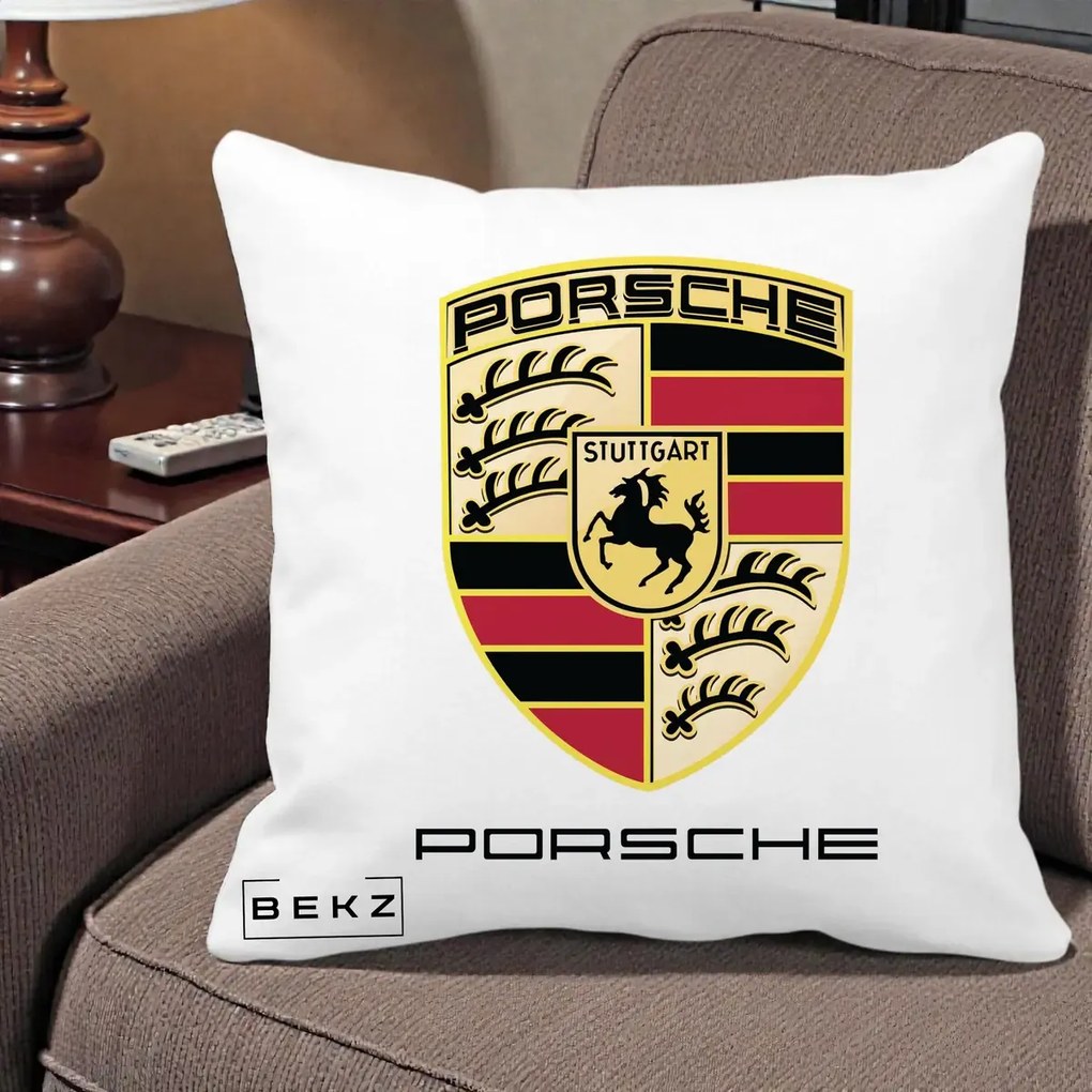 Perna Personalizata Porsche Stuttgart, 40x40 cm, Alba Mata, Husa Detasabila, Perna Inclusa, BEKZ®