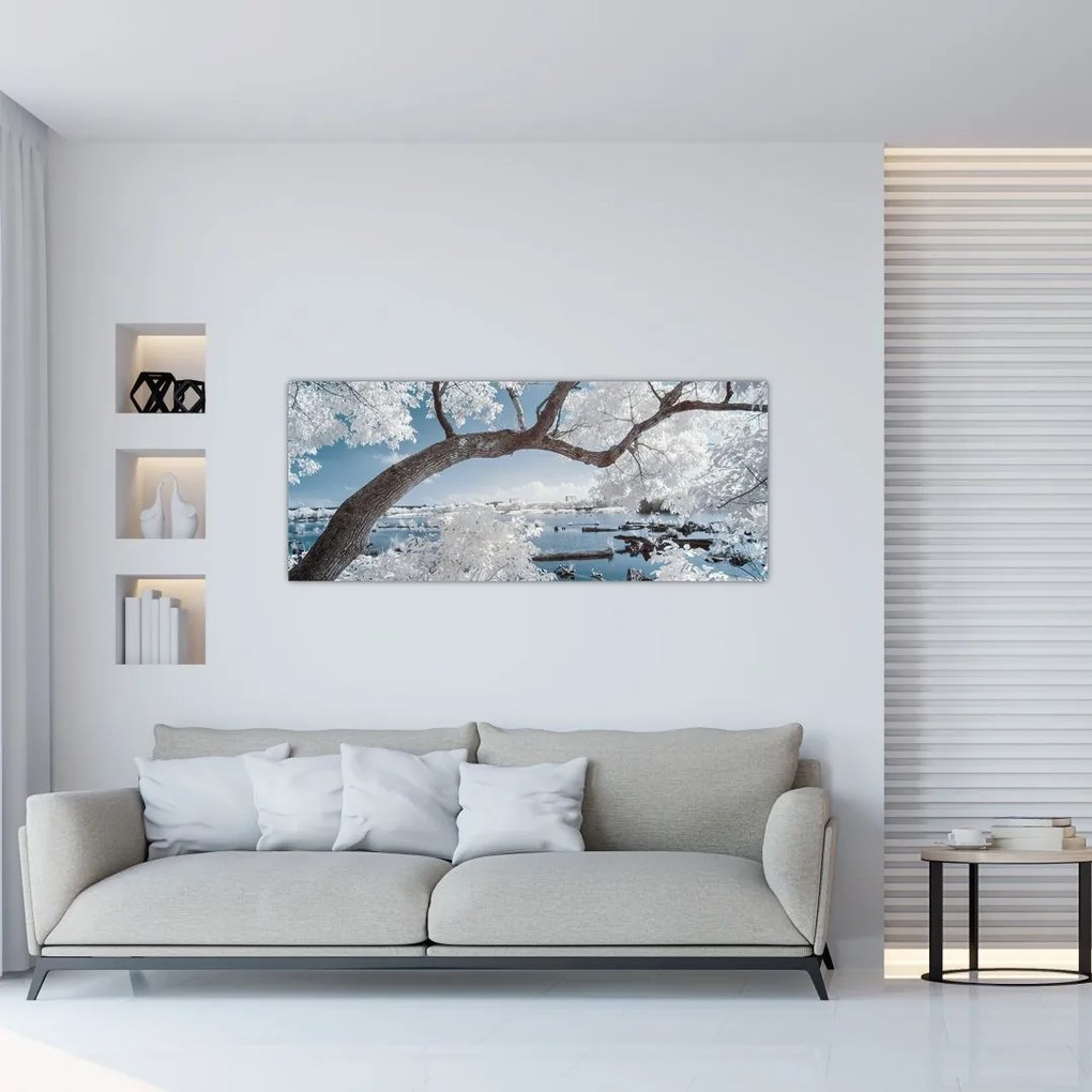 Tablou cu copac înzăpezit lângă apă (120x50 cm)