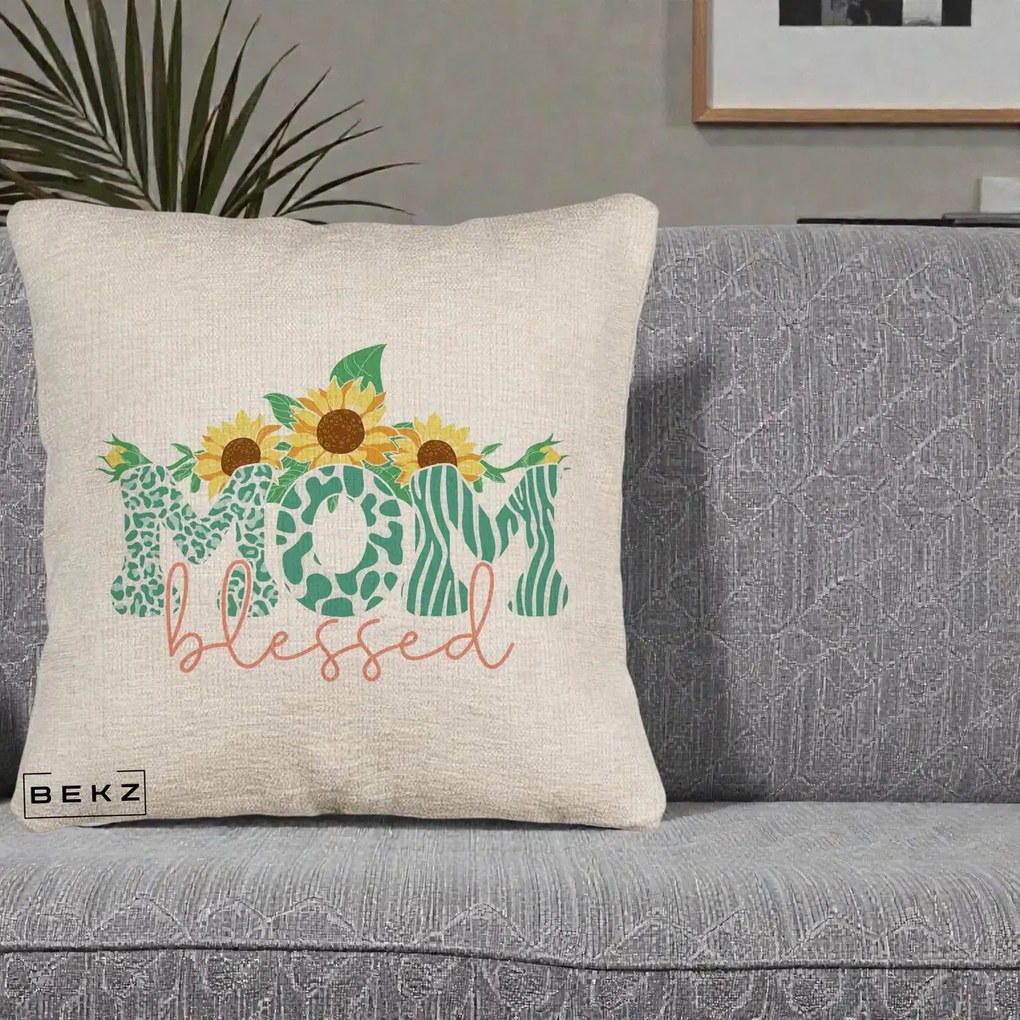 Cadou pentru Mama - Perna Personalizata Mom Blessed cu Floarea Soarelui Animal Print Teal, 40x40 cm, Bej Canapea, Husa Detasabila, Perna Inclusa, BEKZ®