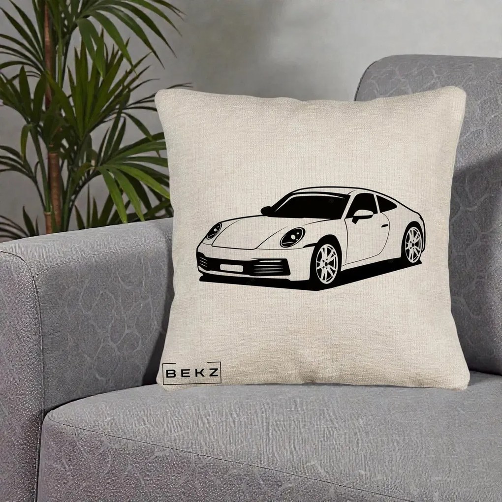 Perna Personalizata Porsche 911 Silueta, 40x40 cm, Bej Canapea, Husa Detasabila, Perna Inclusa, BEKZ®