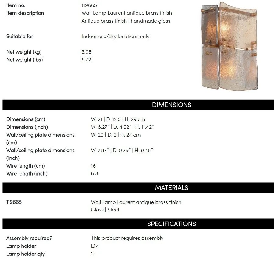 Aplica perete design LUX, Sticla, Alama Antic, Laurent