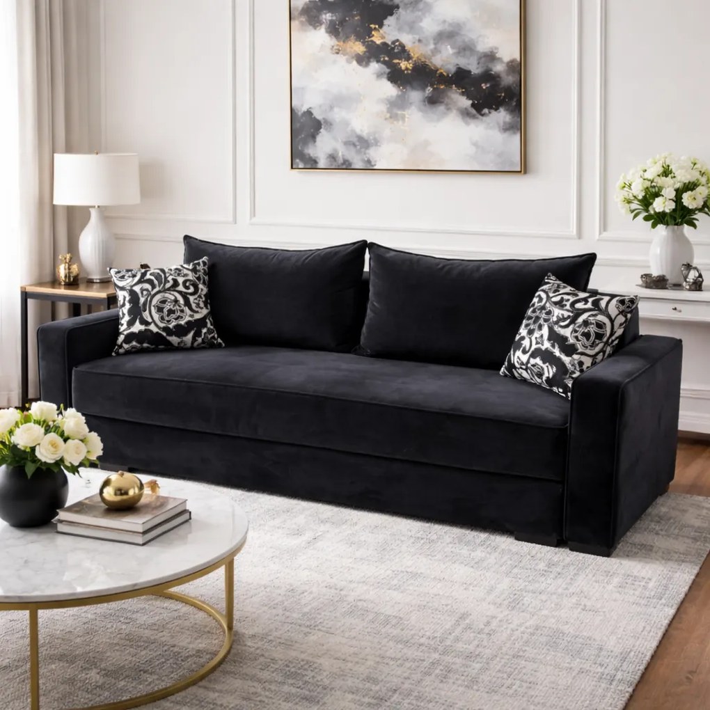 Canapea LARISA extensibila, 3 locuri, lada de depozitare , catifea negru, 220x95x85 Negru, Catifea