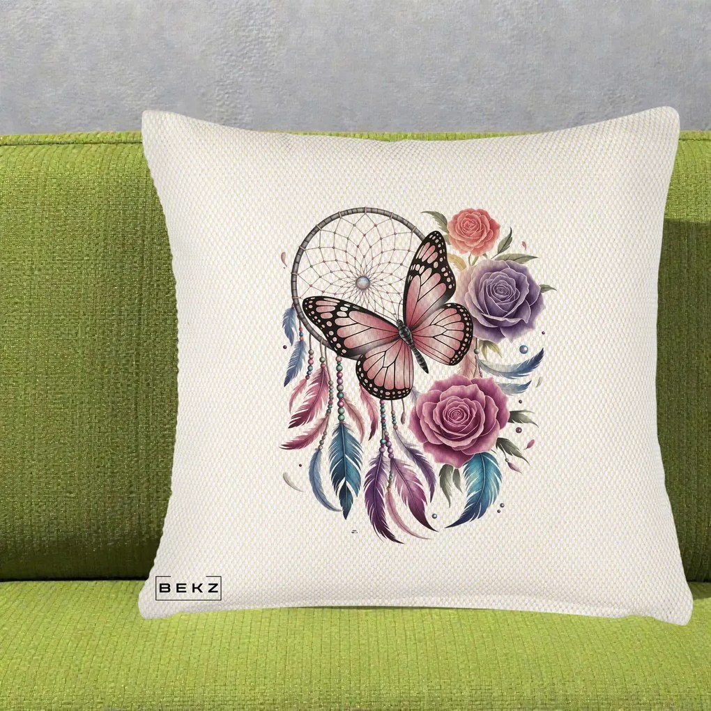 Perna Personalizata Prinzator de Vise cu Fluture si Trandafiri, 40x40 cm, Crem Reliefat, Husa Detasabila, Perna Inclusa, BEKZ®