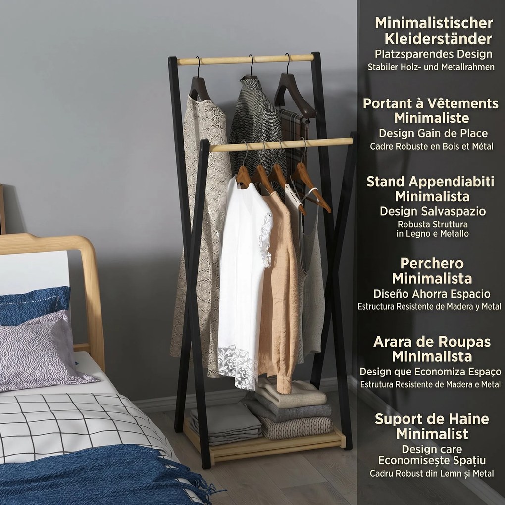 HOMCOM Cuier de Podea din Lemn cu 2 Bare, Suport pentru Haine Autoportant Modern cu Raft Inferior, 61x45x152 cm, Natural