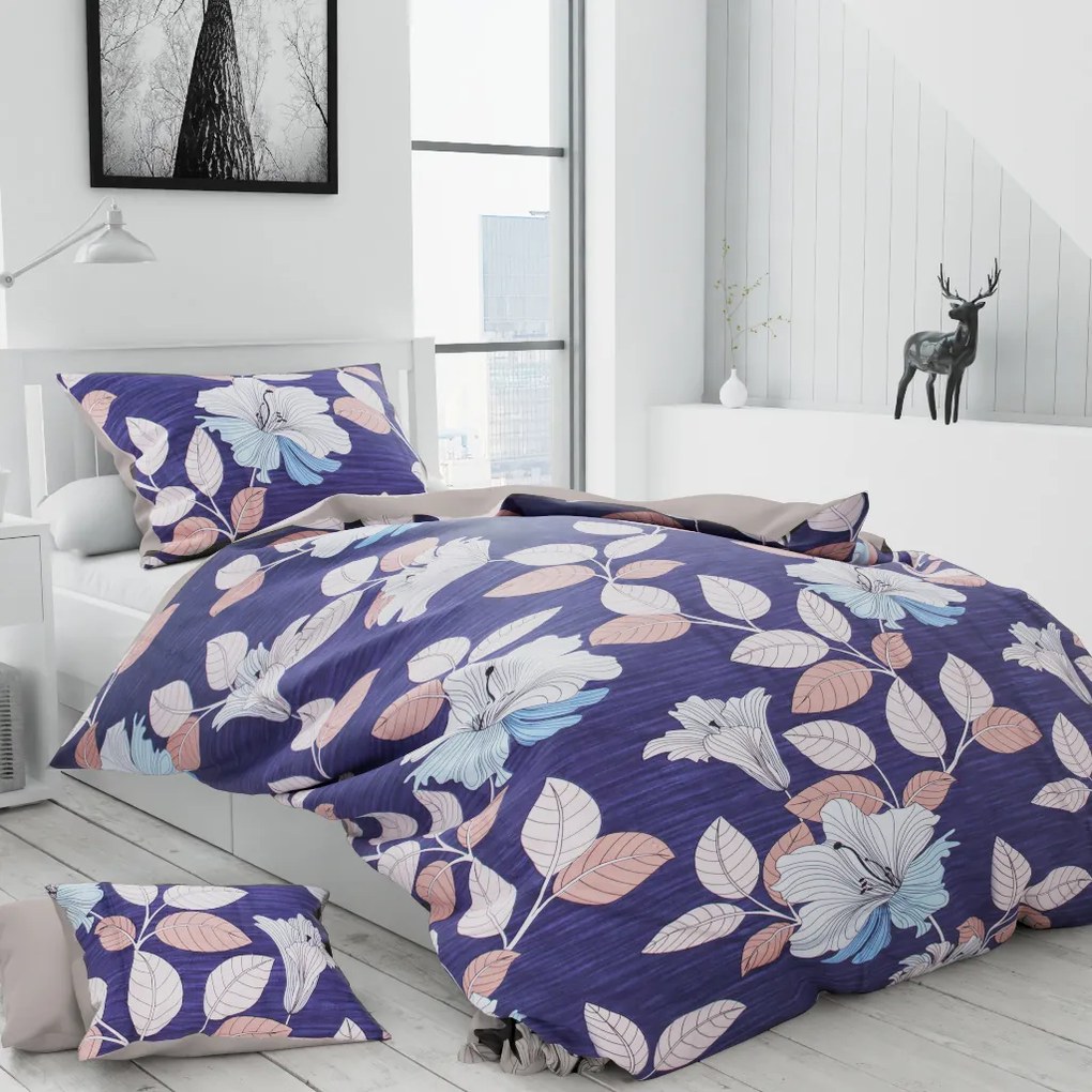 Lenjerie de pat din bumbac flanelat Culoare Albastru, PLANTE + husa de perna 40x50 cm gratuit