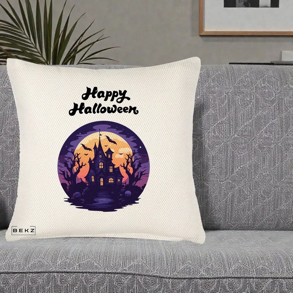 Perna Decorativa Happy Halloween Casa Bantuita Violet, 40x40 cm, Crem Reliefat, Husa Detasabila, Perna Inclusa, BEKZ®
