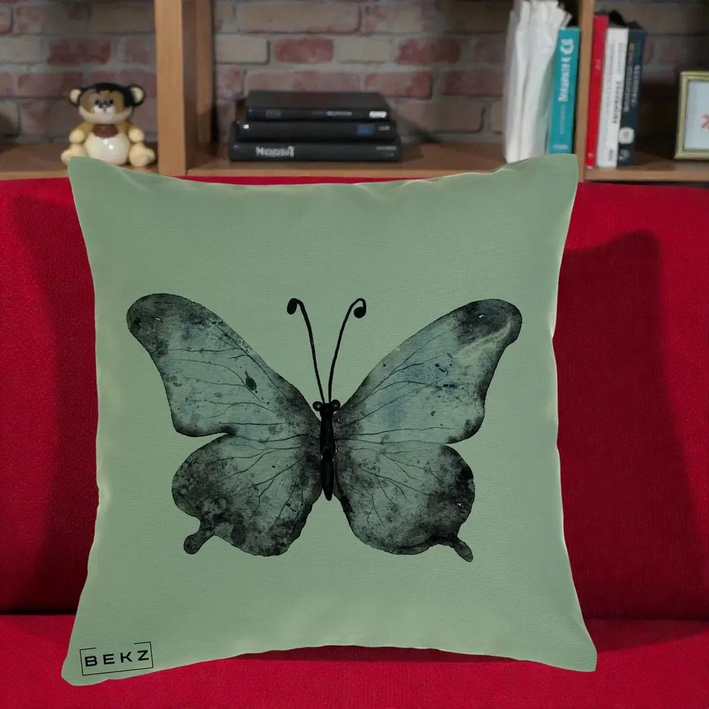 Perna Decorativa Fluture Acuarela Albastru-Gri, 40x40 cm, Verde, Husa Detasabila, Perna Inclusa, BEKZ®