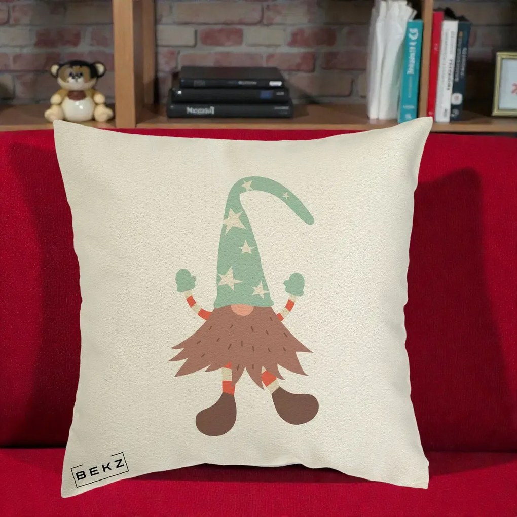 Perna Decorativa Pitic Gnom Nordic cu Cadou Menta, 40x40 cm, Ecru, Husa Detasabila, Perna Inclusa, BEKZ®