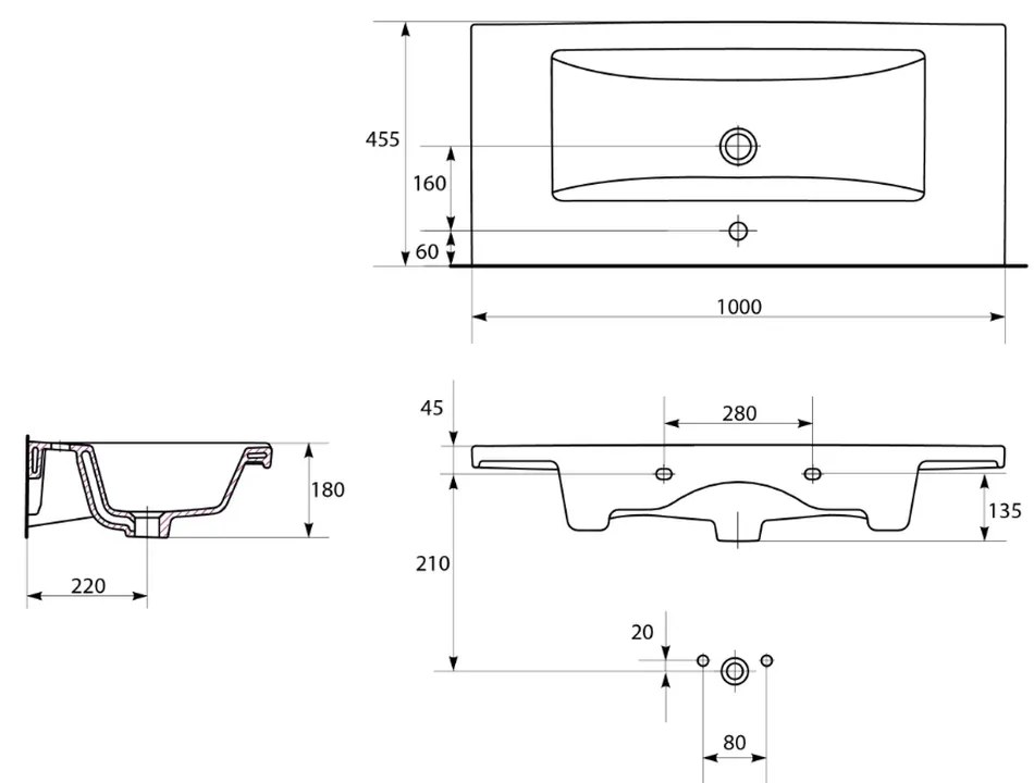 Lavoar incastrat alb 100 cm, dreptunghiular, Cersanit Como 1000x455 mm