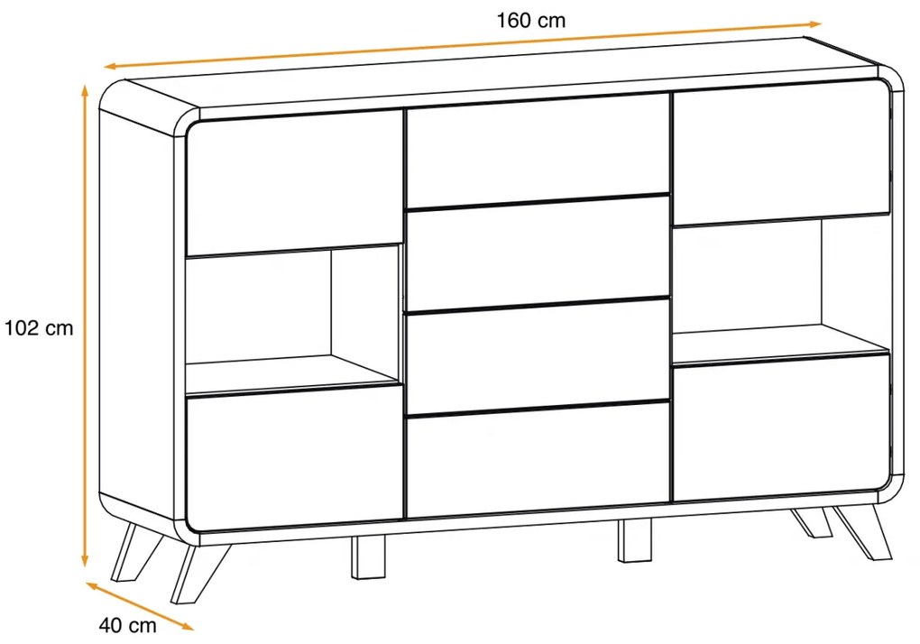 Comoda ultramoderna, led,  4 usi si 4 sertare cu deschidere prin apasare push open, 160 lungime x102 x40 cm, gri antracit stejar deschis picioare