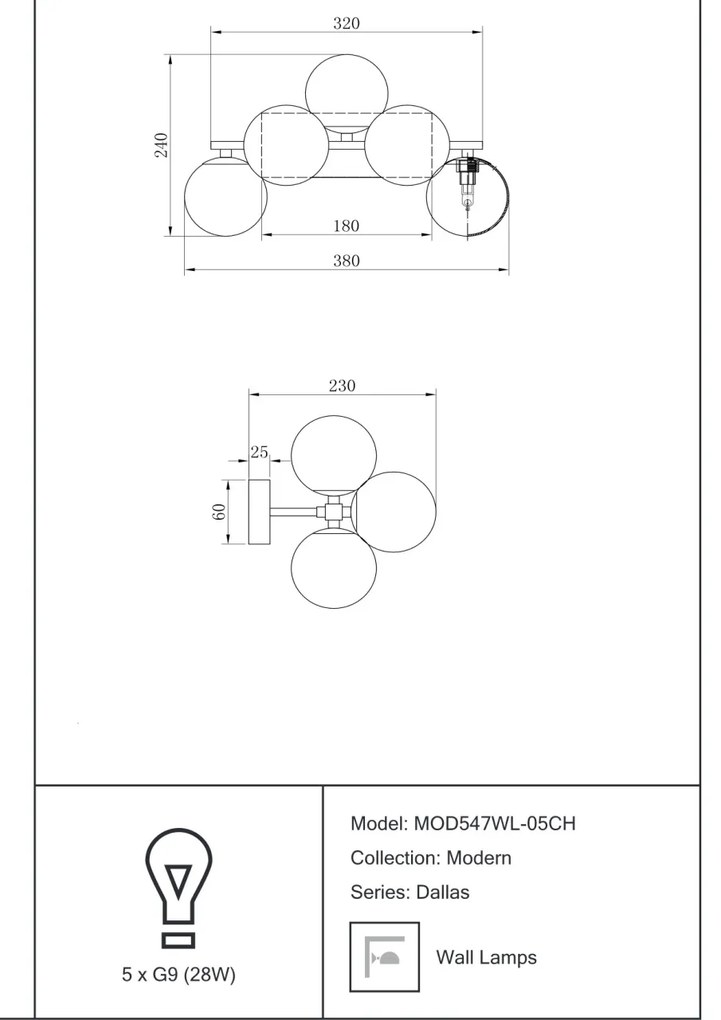 Aplica perete moderna design deosebit Dallas 5 crom MYMOD547WL-05CH
