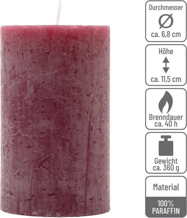 Set de lumânări rustice, 11,5 cm, Ø 6,8 cm, burgundy, 6 buc