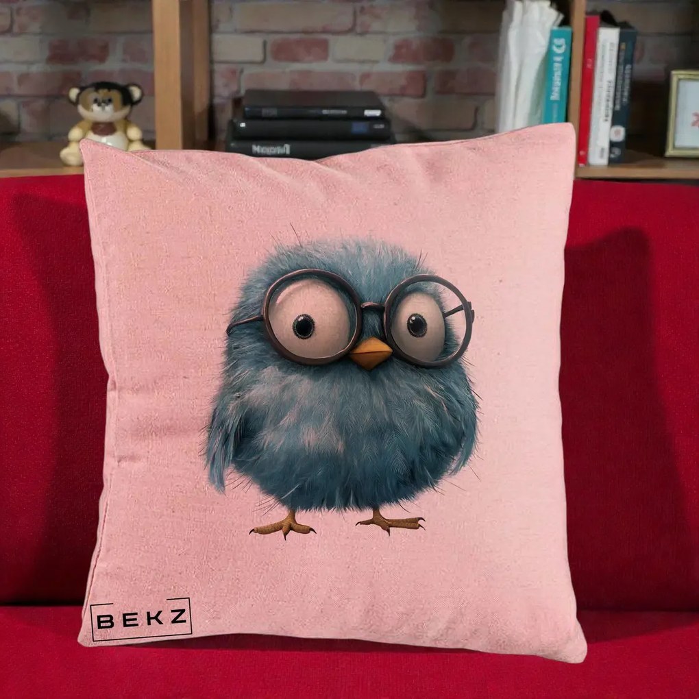 Perna Decorativa Pui Pufos Teal cu Ochelari, 40x40 cm, Roz, Husa Detasabila, Perna Inclusa, BEKZ®