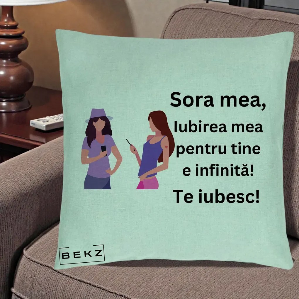 Cadou pentru Sora - Perna Personalizata Sora Mea Te Iubesc Doua Fete cu Telefoane, 40x40 cm, Verde Menta, Husa Detasabila, Perna Inclusa, BEKZ®