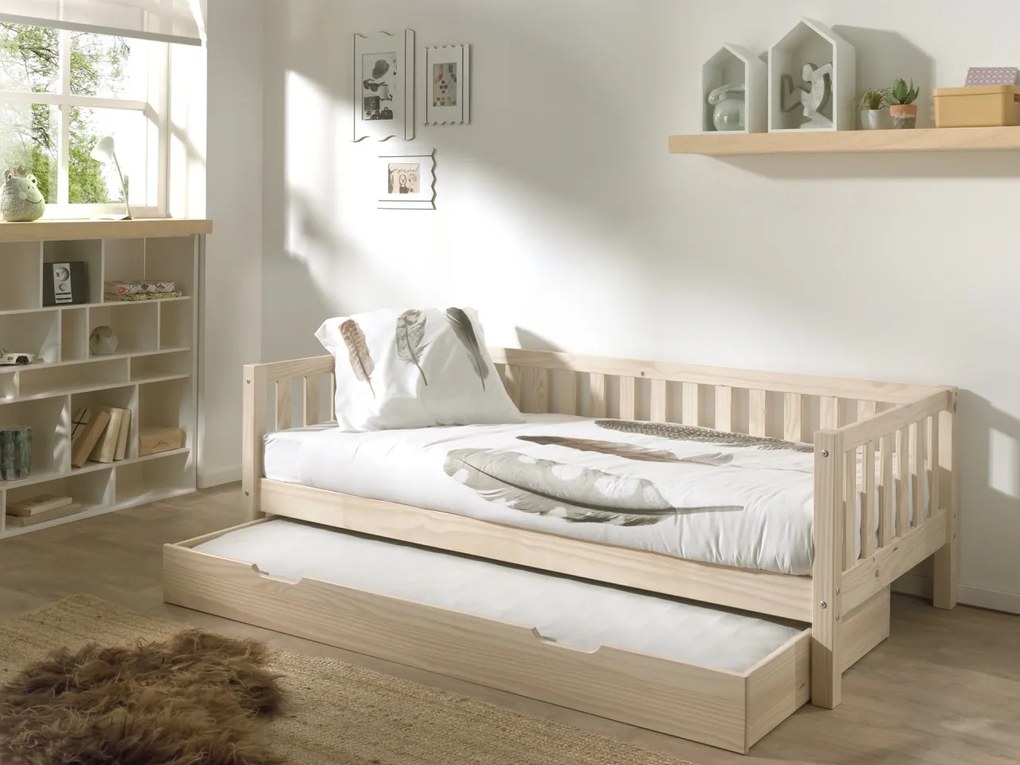 Set Pat Cabină Fritz 90x200 cm cu Sertar Suplimentar, pentru Copii, Pin Lăptos – Vipack