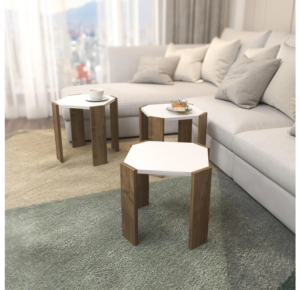 Set 3 măsuțe cafea Lorizolla (alb + nuc). 1106451