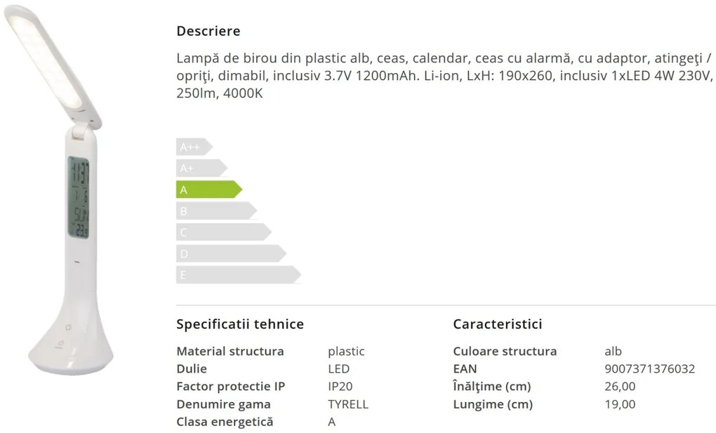 Veioza LED dimabila / Lampa de birou cu touchdimer TYRELL alba 58329W GL