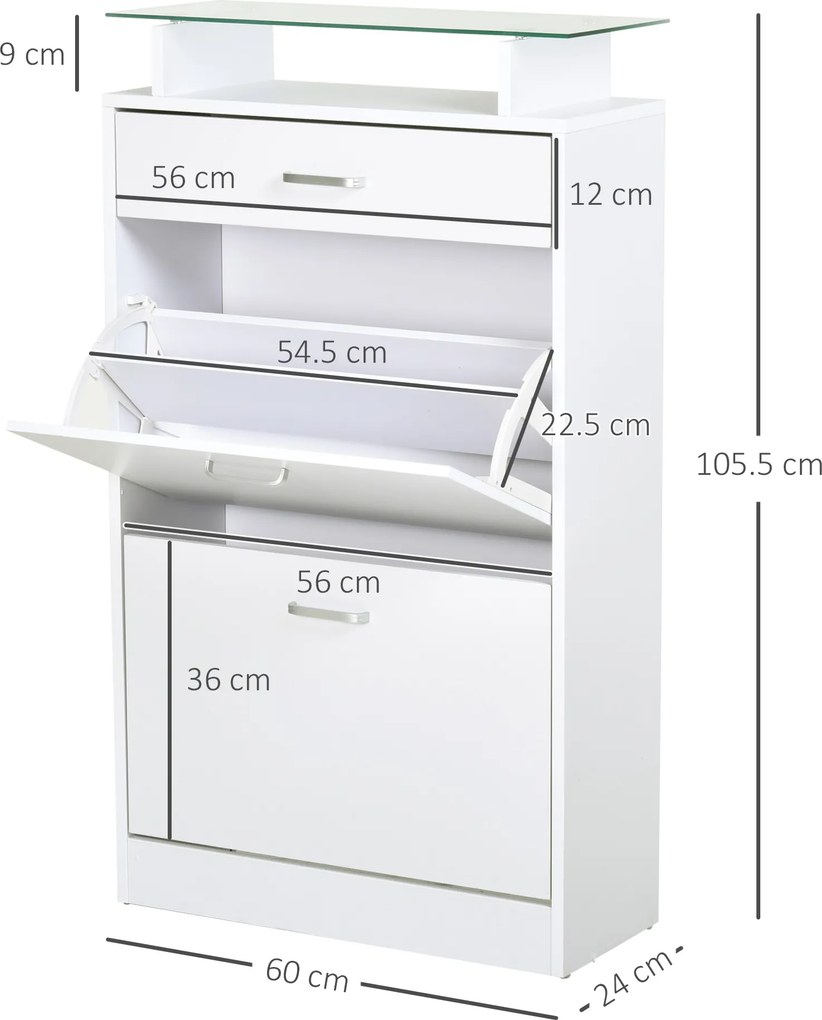 HOMCOM Dulap pentru Pantofi cu 2 Uși pe 2 Niveluri, Sertar și Raft din Sticlă, Dulap pentru Pantofi, 60x24x105,5 cm, Alb | Aosom Romania
