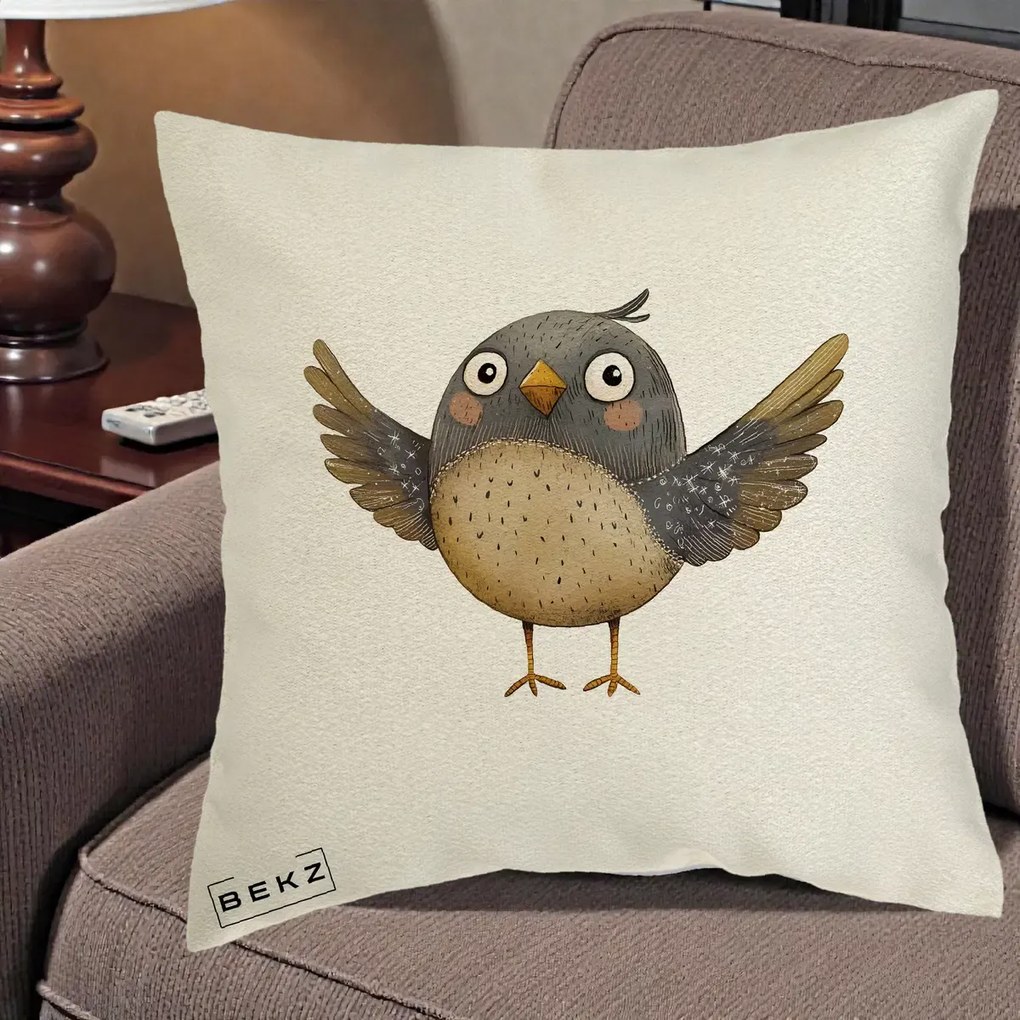 Perna Decorativa Pasare cu Aripi Intinse, 40x40 cm, Ecru, Husa Detasabila, Perna Inclusa, BEKZ®