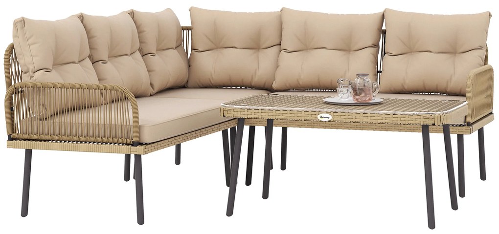 Outsunny Set de Mobilier de Grădină din 4 Piese cu 2 Canapele, Fotoliu de Colț și Măsuță de Cafea, 100x68x74 cm, Bej | Aosom Romania