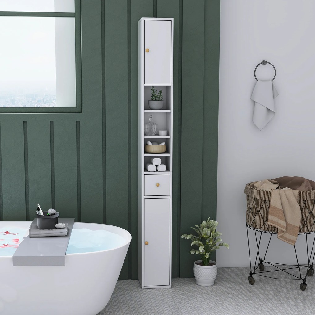 HOMCOM Dulap Înalt de Baie cu 2 Compartimente, 3 Rafturi Deschise și Sertar, 20x20x178 cm, Alb | Aosom Romania