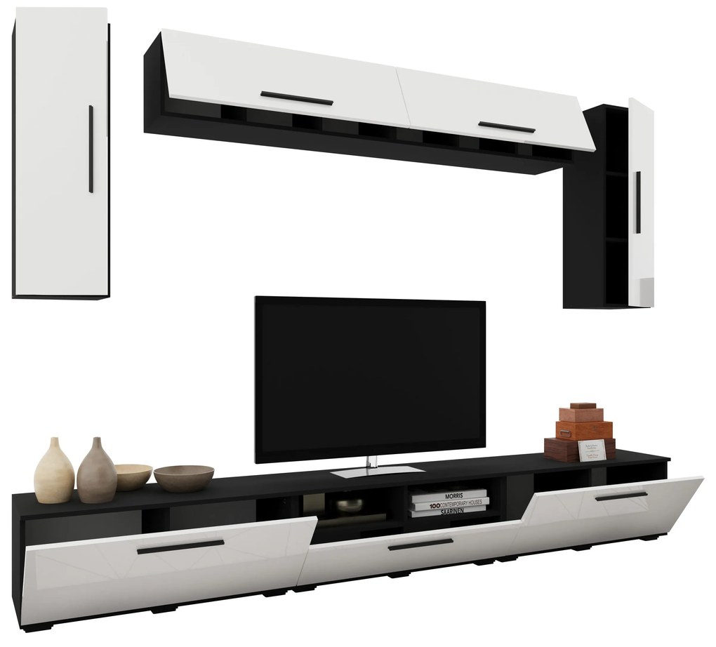 Living Kos V6, Negru/Alb Lucios, MDF, L 285 cm