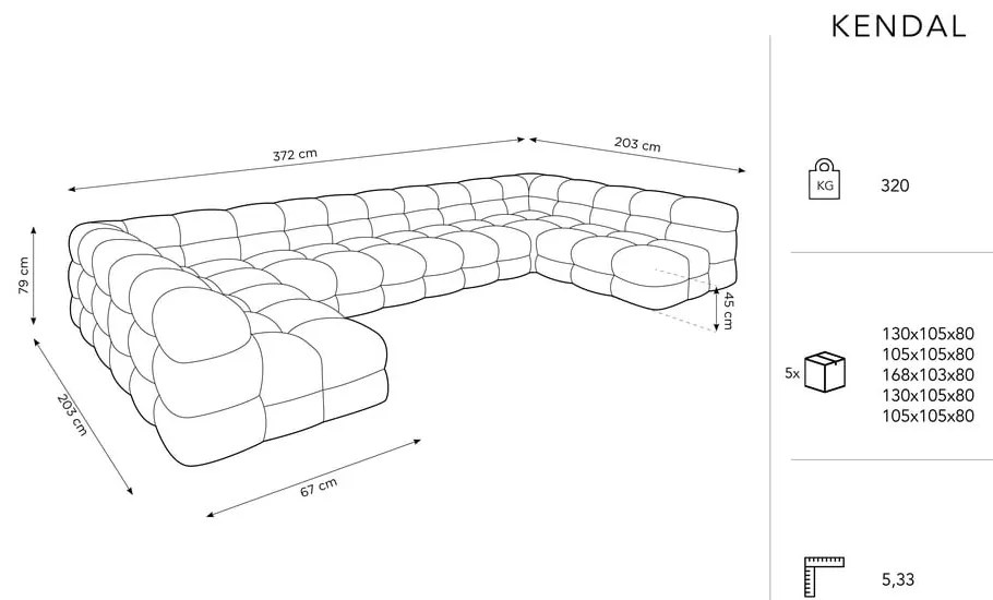 Colțar gri cu tapițerie din catifea (în formă de "U") Kendal – Micadoni Home