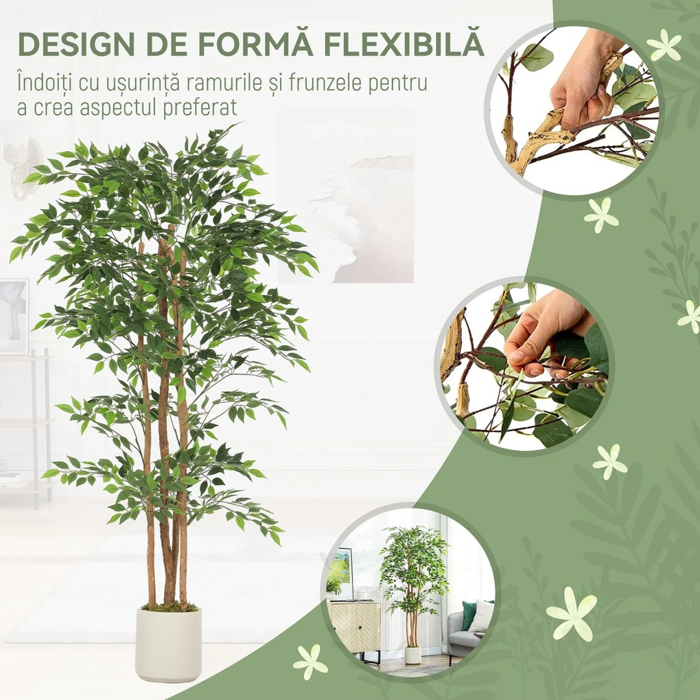 HOMCOM Plantă artificială Ficus Banyan din PEVA și lemn, cu ramuri flexibile și ghiveci din PP și ciment | Aosom Romania