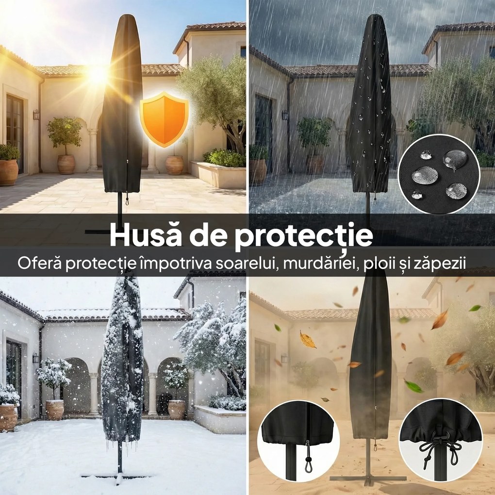 Outsunny Umbrelă de Grădină Suspendată 3 m cu Husă, Umbrelă Rotundă Inclinabilă cu Rotație 360°, Manivelă, Banana, Negru | Aosom Romania