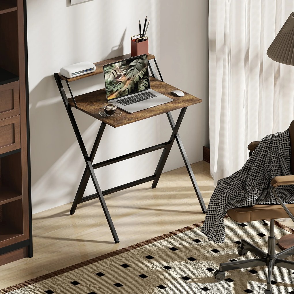 HOMCOM Birou pliabil 65,5 x 45 cm cu etajeră de depozitare pentru cameră, spații mici, maro rustic | Aosom Romania