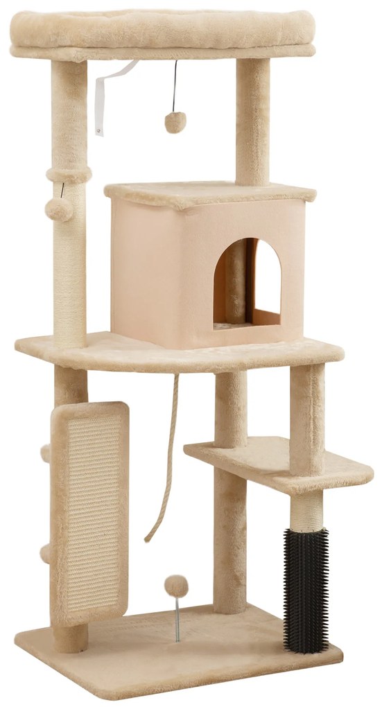 PawHut Arbore pentru Pisici Multilevel Înalt 132 cm cu Căsuță, Culcuș, Stâlpi Zgâriători, Perie și Biliță, Bej | Aosom Romania