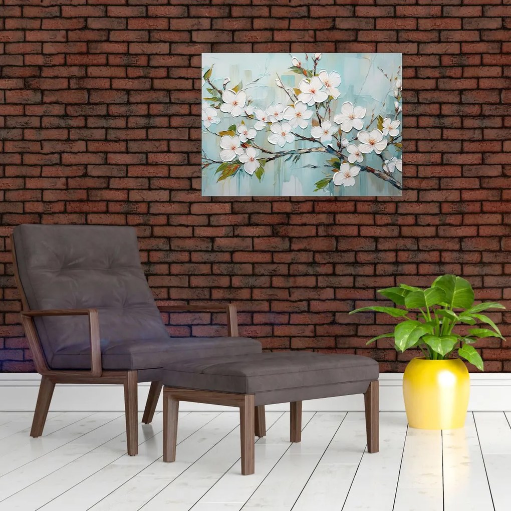 Tablou pe sticlă - Pictură, ramuri de copac înflorit (70x50 cm)