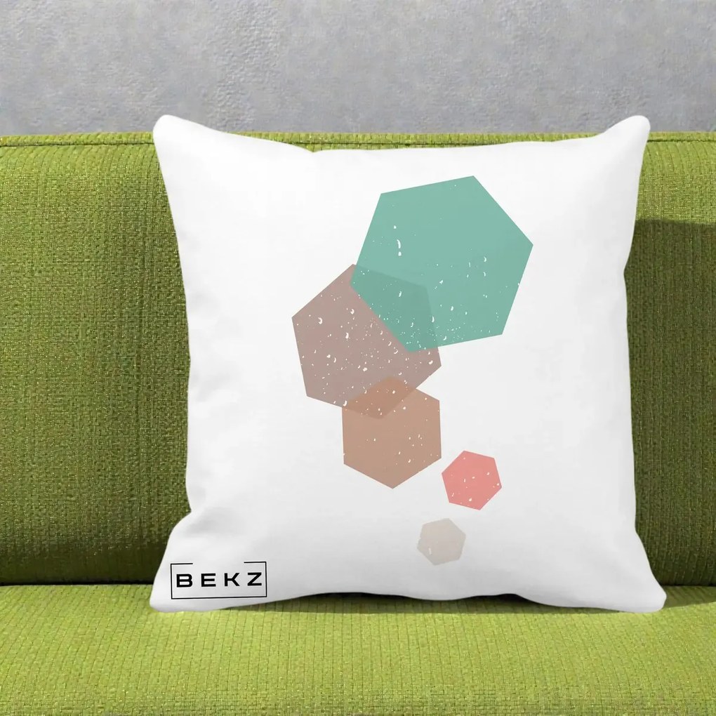 Perna Decorativa Geometric Hexagoane Pastel, 40x40 cm, Alba Mata, Husa Detasabila, Perna Inclusa, BEKZ®